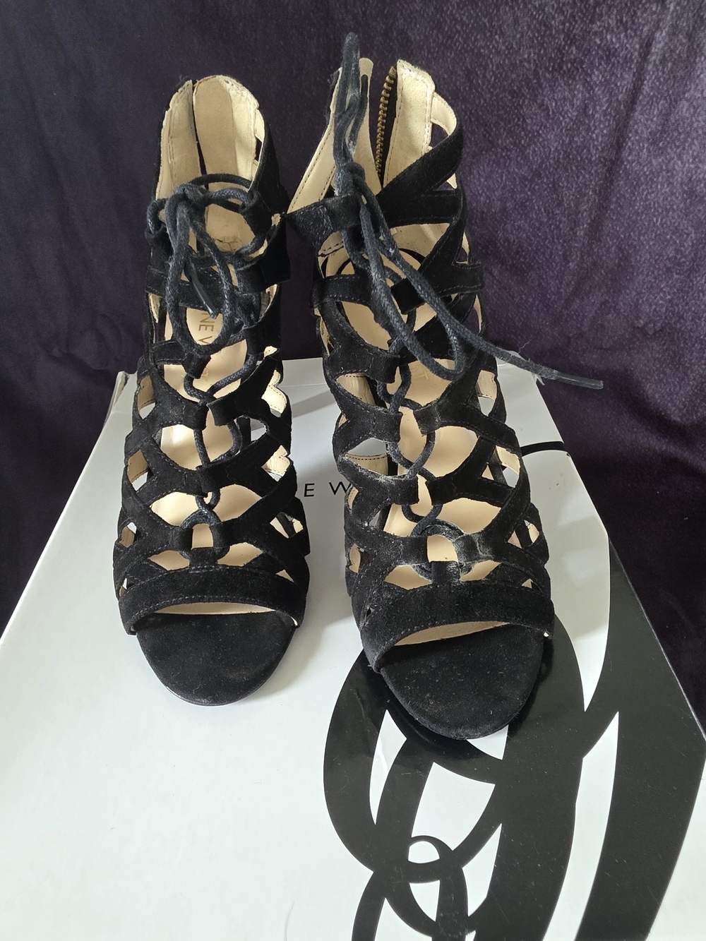 Nine West Black Lace-Up Cutout Suede Heels